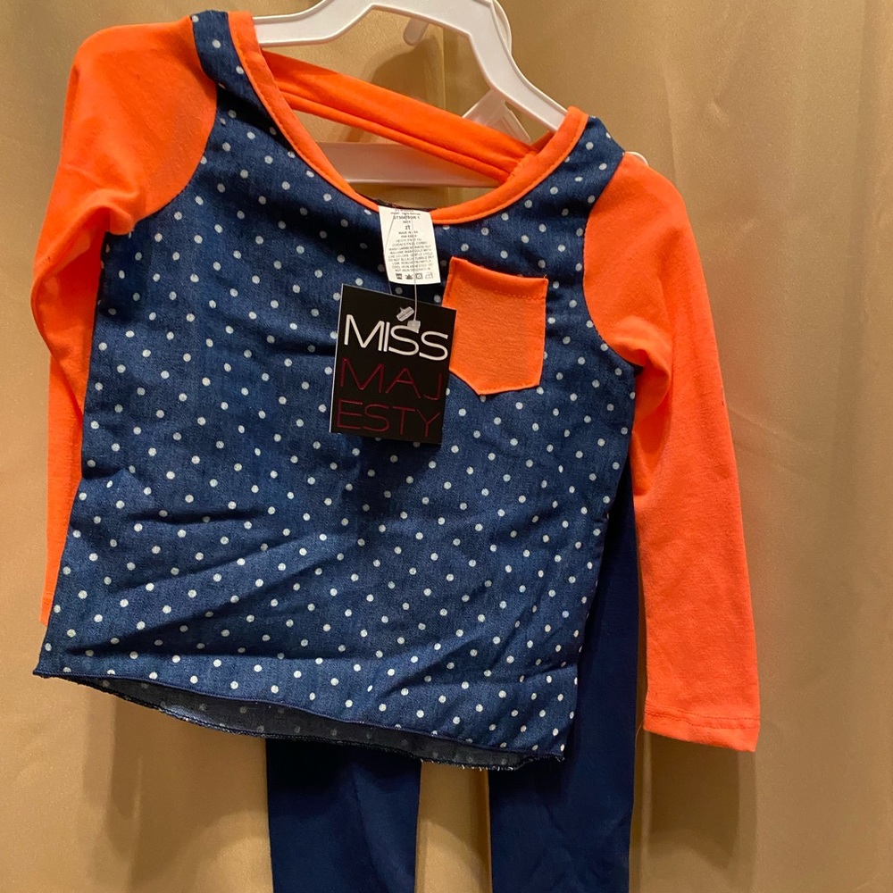 Girls 2T Outfit blue leggings with blue neon orange top with dots